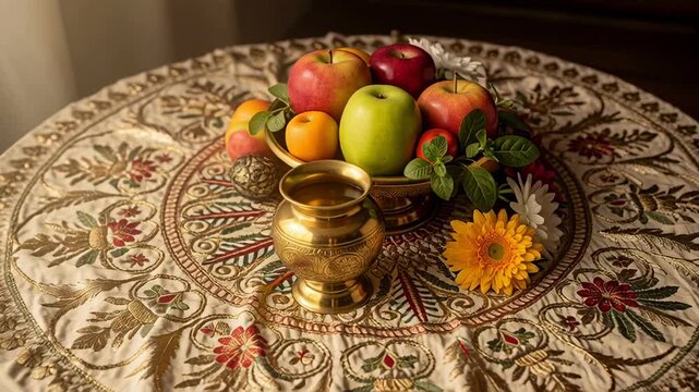 Traditional Hindu ritual offering with brass pot and fruit bowl on ornate textile table