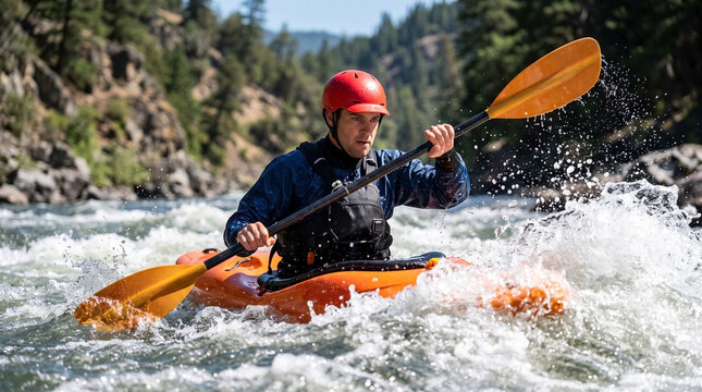 Whitewater kayaking in splashing river with orange boat and red safety helmet on sunny day. Whitewater kayaking requires strength to paddle. Professional whitewater kayaking imagery for outdoor ads.