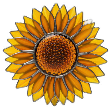 Handcrafted stained glass sunflower ornament on a transparent backdrop