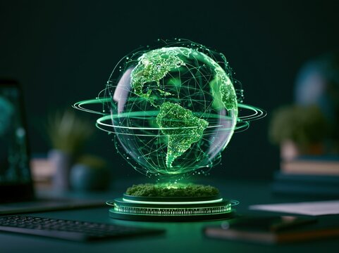 Green glowing globe displays world map with digital data on a desk with a keyboard and plants in a modern workspace