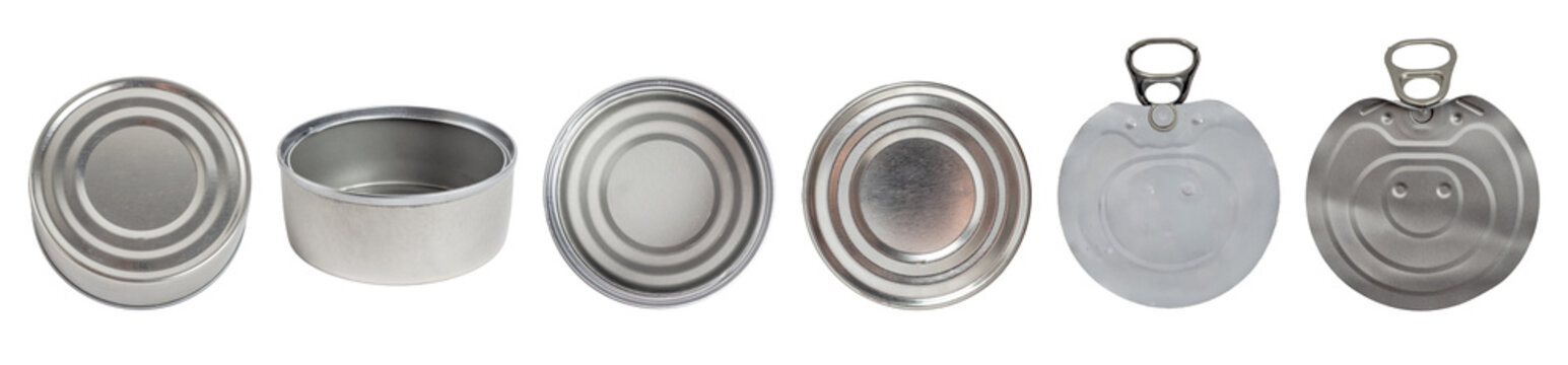 A collection set of various shallow metal food cans and components, including closed cans, an open container, bottom views, and ring-pull peel-off lids, isolated on a transparent background.