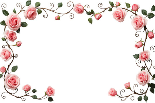 Pink rose vine rectangular frame isolated on transparent background