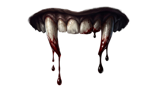 Creepy Vampire Fangs Covered with Blood Drops Isolated on Transparent Background PNG