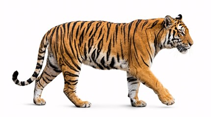 Fototapeta premium Majestic adult Bengal tiger actively walking in profile view, isolated on a white background.