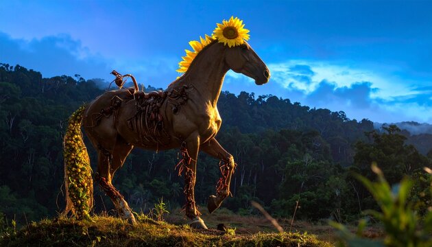 Horse with sunflower on head in nature