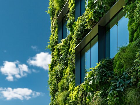 Building covered with greenery and plants in an urban area on a sunny day