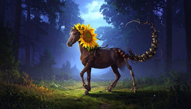 Fantasy horse with sunflower crown in dark forest