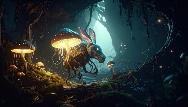 Mysterious creature with rabbit ears in dark forest