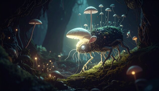 Mystical creature with glowing eyes in dark forest