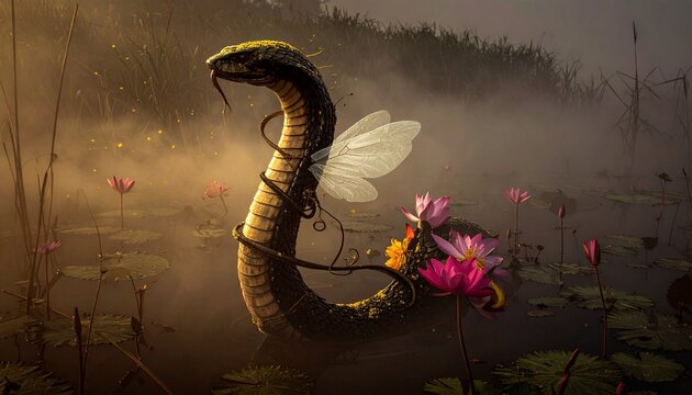 Mystical snake with fairy wings and flowers in misty swamp