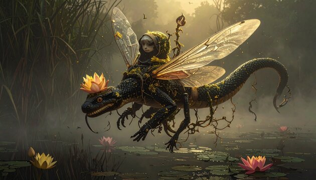 Fantasy creature riding lizard in misty swamp