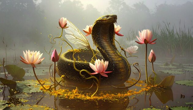 Mystical cobra with lotus flowers in misty swamp