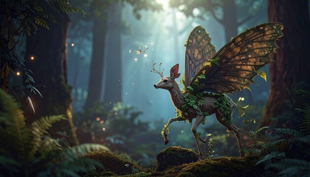 Fantasy creature with wings in enchanted forest