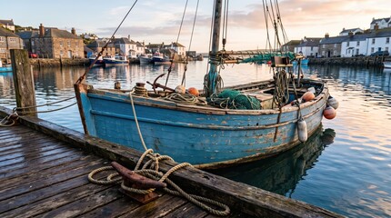 Fototapeta premium Blue wooden fishing boat moored at old harbor pier during calm sunrise; seaside waterfront setting with ropes, reflections and tranquil mood
