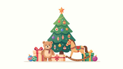 Fototapeta premium A charming illustration of a decorated Christmas tree surrounded by festive gifts, a teddy bear, and a rocking horse, evoking holiday cheer.