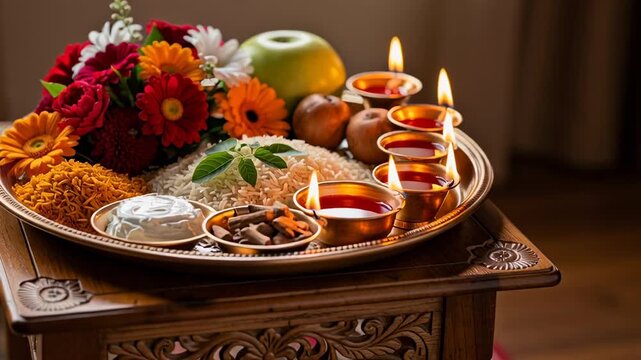 Golden Worship Tray with Burning Oil Lamps and Flowers for Prayer