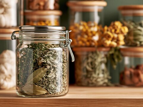 Herbs arranged in jars on a wooden surface in a kitchen setting with dried flowers in the background