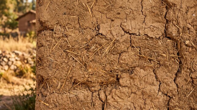 Close up of cracked mud and straw adobe wall texture showing dried earth fibers and rustic construction detail in rural outdoor setting