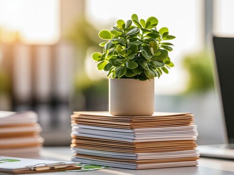 Plant sits on stack of papers in office during daytime