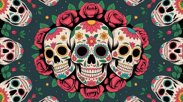 Mexican Day of the Dead pattern with sugar skulls and roses