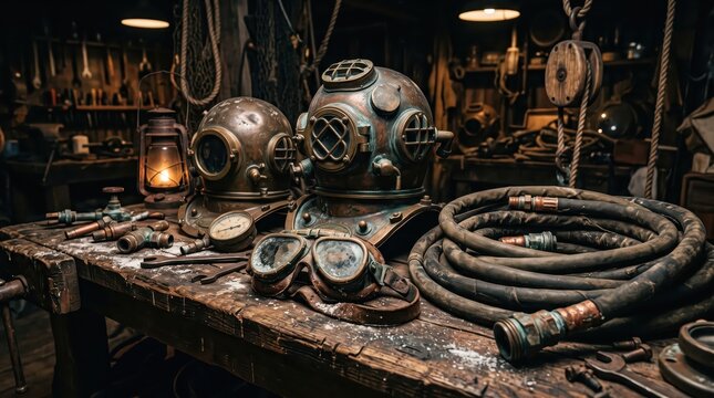 Vintage deep sea diving helmets and antique equipment arranged on worn wooden workbench in dim workshop; collection of goggles, hoses and metal tools evoking maritime history and restoration
