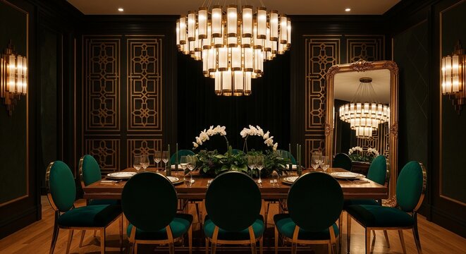 Luxurious modern dining room with elegant chandelier and grand wooden table setup