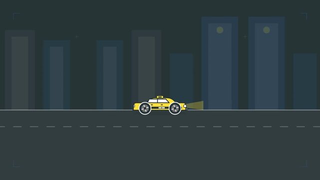 Animated video of a car driving at moderate speed along a city street.