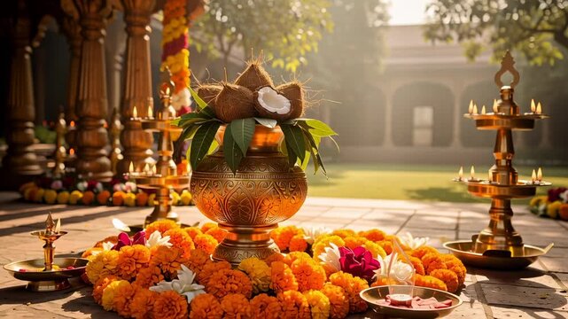 Traditional Hindu Devotional Ritual With Brass Kalash And Lit Oil Lamps