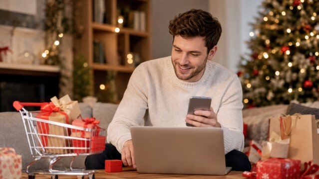 smiling man using smartphone and laptop for online christmas shopping beside gift boxes and shopping cart at home