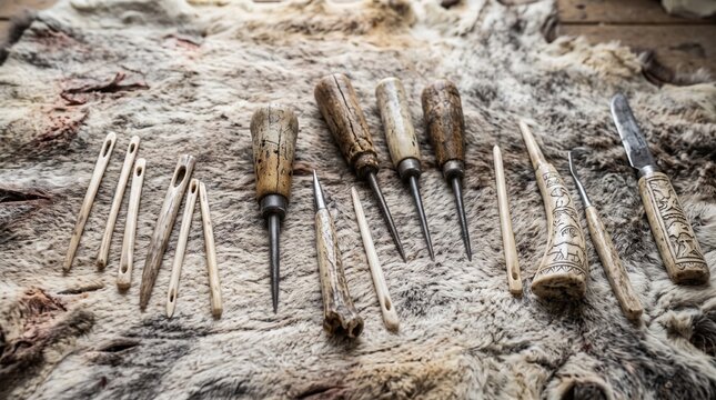 Collection of primitive bone needles, awls, and carved knives arranged on an animal fur pelt, showcasing ancient craft tools.