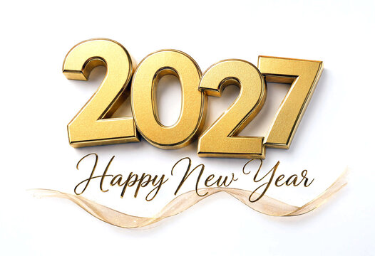 Golden shiny new year two thousand twentyseven celebration with elegant ribbon and greeting text