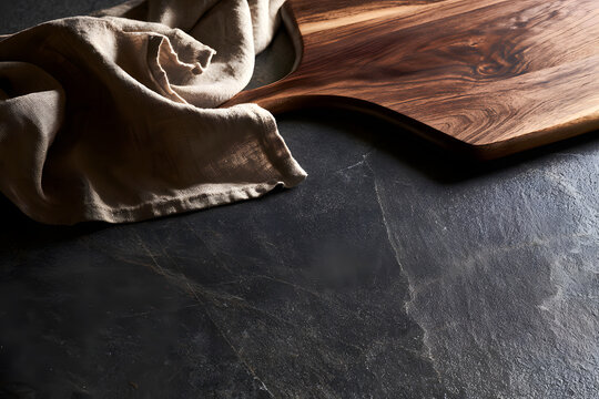 A dark stone table with a cutting board and a linen napkin laid out for dining