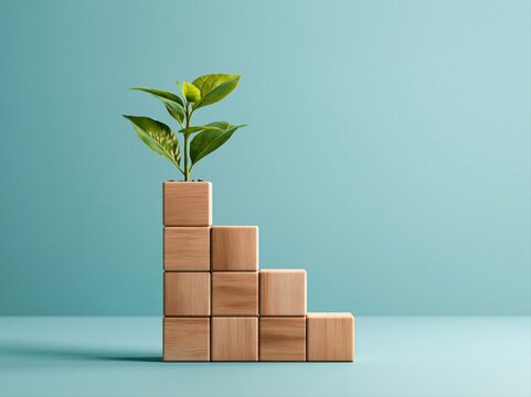 Plant growing from wooden blocks on a blue background shows the idea of growth and progress