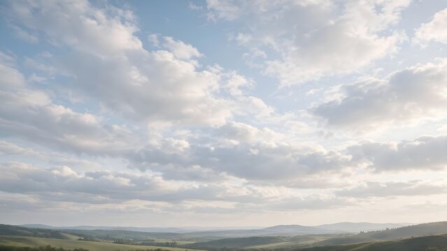 Blue sky with white fluffy clouds over a soft rolling landscape at sunset