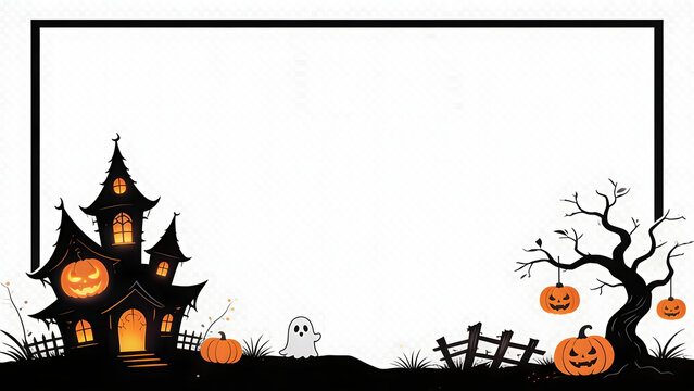 Halloween Haunted House Border Frame with Twisted Pumpkin Tree, Friendly Ghost, Jack-o-Lanterns and Clean Negative Space