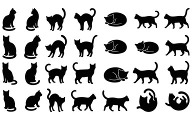 Fototapeta premium Minimalist black cat silhouettes icon set in various poses and walking positions.