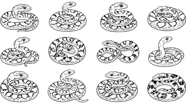 A collection of twelve different hand drawn snake sketches in various coiled positions and poses.