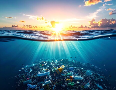 Ocean surface with floating plastic debris gradually dissolving into clean water, conceptual environmental illustration, realistic reflections, dramatic lighting, no humans