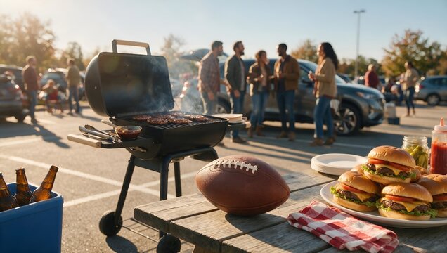 Friends Enjoying a Sunny Tailgate Party with Delicious Food and American Football Games