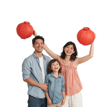 Happy Asian Family Holding Red Chinese Lanterns for Mid-Autumn Festival isolated on transparent or white background, png