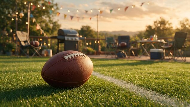 American Football Ball Resting on a Backyard Lawn During a Sunny Evening Tailgate Party Gathering