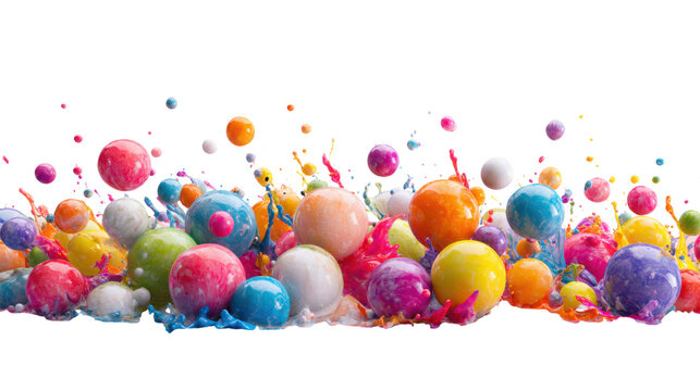 Vibrant abstract colorful paint splash with glossy 3D spheres and liquid droplets explosion for creative design background on white background