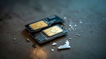Close-up of broken and damaged mobile SIM cards. © ANIK SAHA