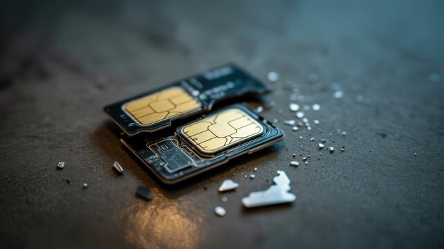 Close-up of broken and damaged mobile SIM cards.