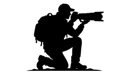 Obraz premium Wildlife Photographer Kneeling with Telephoto Camera Black Silhouette Vector Icon