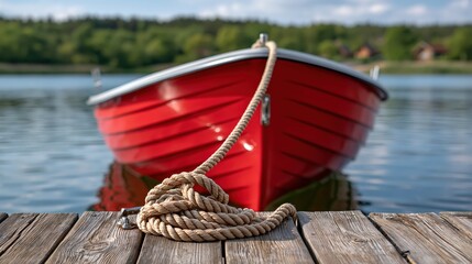 Naklejka premium Red wooden boat moored at wooden dock on scenic lake water calm day