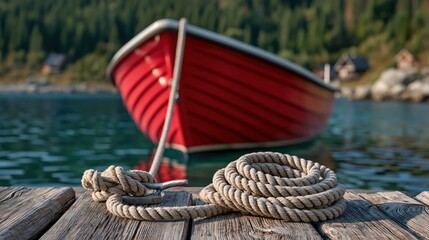 Naklejka premium Red wooden boat moored at wooden dock with coiled rope scenic view