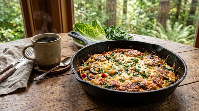 Skillet frittata with melted cheese and vegetables on rustic wooden table by window overlooking forest; steaming coffee mug beside dish for cozy cabin breakfast