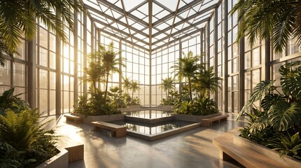 Fototapeta premium Modern glass greenhouse atrium interior with tropical plants indoor garden and pool