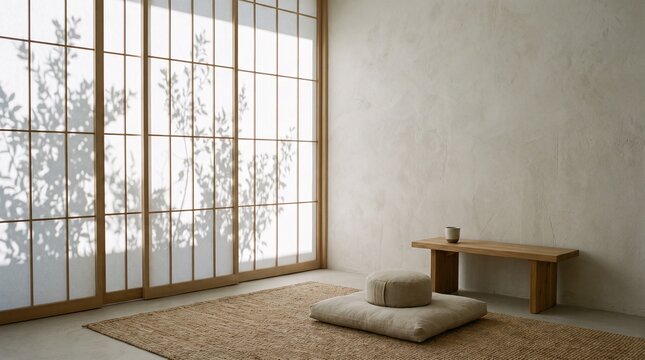 Minimalist Japanese Zen meditation room with shoji screen sliding doors and cushions